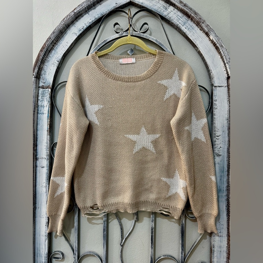 C+D+M Distressed Starry Beige Knit Sweater #1047